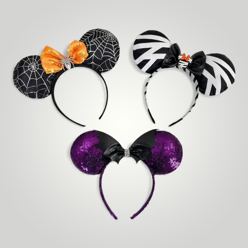 LOT OF 3 Disney Halloween Minnie Mouse Ear Headband Spiderweb Bat Stripes Sequin